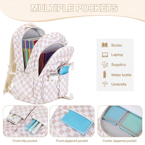 DIGOBAY 3PCS Girls Backpack for School, Kids Backpack for Girls with Lunch Bag Pencil Case, Kids Bookbag Teen Girl Backpacks for Elementary Middle High College School (Khaki Checkered) - color: Khaki Checkered