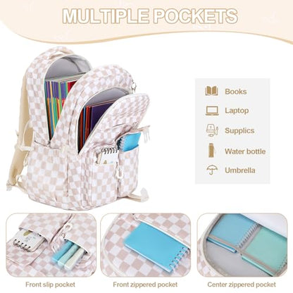 DIGOBAY 3PCS Girls Backpack for School, Kids Backpack for Girls with Lunch Bag Pencil Case, Kids Bookbag Teen Girl Backpacks for Elementary Middle High College School (Khaki Checkered) - color: Khaki Checkered