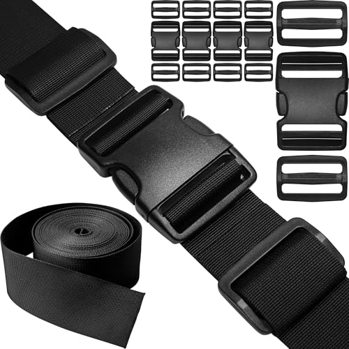 HISUNTEC 2 inch Straps Buckles Set: Nylon Webbing Strap 6 yard, Side Release Plastic Buckle 5 pack, Tri-glide Slide Clip 10 pcs, Heavy Duty Quick Snap Fasteners Dual Adjustable No Sewing Required - size: 2" x 6 yd Strap + 5 pack Buckles
