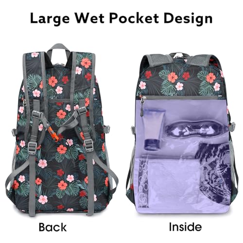 G4Free 40L Lightweight Packable Hiking Backpack, Waterproof Travel Daypack - color: Black Base Floral