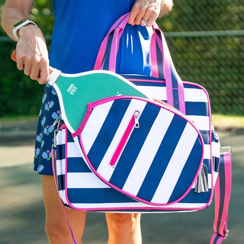 Cute Prepster Pickleball Bag for Women with Fence Hook, Tote with Pockets for Water Bottle, Paddles, Balls, Accessories - color: Navy Stripe/pink