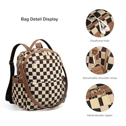 Checkered Backpack Purse Women Plaid Vegan Leather Fashion Travel Bag Large Designer Shoulder Handbag Commuter Brown (Plaid Brown) - color: Plaid Brown