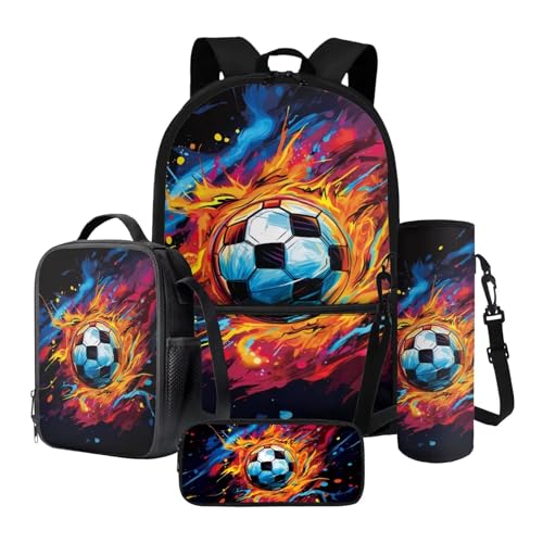 Soccer Flame Splash Backpack Set School Bag Set with Lunch Bag Pen Case Water Bottle Sleeve Zippered Portable Bookbag for Kindergarten Child, 4 Pieces - color: Soccer Flame Splash
