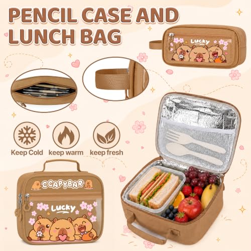 Capybara Backpack for Girls, 4 PCS Capybara Backpack with Lunch Box Set, Cute Kawaii Large Laptop Bookbag, School Bag for Elementary Kids & Teens - color: Capybara