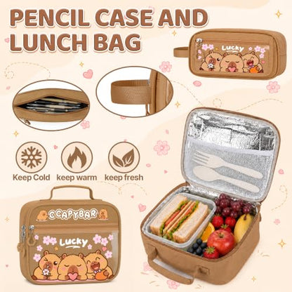 Capybara Backpack for Girls, 4 PCS Capybara Backpack with Lunch Box Set, Cute Kawaii Large Laptop Bookbag, School Bag for Elementary Kids & Teens - color: Capybara