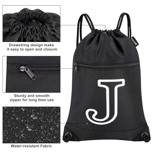 HOLYLUCK Drawstring Bags Initial Backpack Sackpack Cinch Bags for Sports, Gym, Travel, Beach (Black-J) - color: Black-j