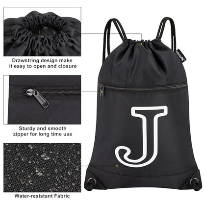HOLYLUCK Drawstring Bags Initial Backpack Sackpack Cinch Bags for Sports, Gym, Travel, Beach (Black-J) - color: Black-j