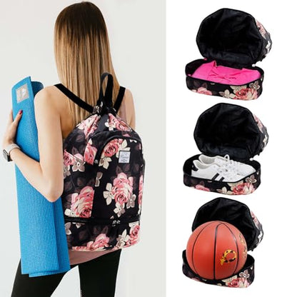 Kamo Drawstring Backpack Bag - Sport Swimming Yoga Backpack with Shoe Compartment, Two Water Bottle Holder for Men Women Large String Backpack Athletic Sackpack for Travel - color: Pink Flower
