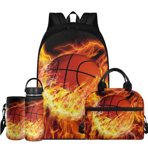 Flashideas Fire Basketball Backpack for School Boys Backpack with Lunch Box 32 Ounce Water Bottle and Water Bottle Carrier 4Pcs Set 17" Bookbag with Compartments Sturdy School Bag for Kids Elementary - color: Fire Basketball