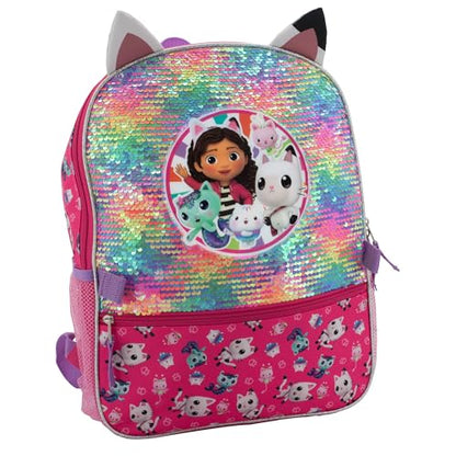 AI ACCESSORY INNOVATIONS Gabby’s Doll House 4 Piece Backpack Set, Flip Sequin 16" School Bag for Girls with Front Zip Pocket, Pink - color: Gabby