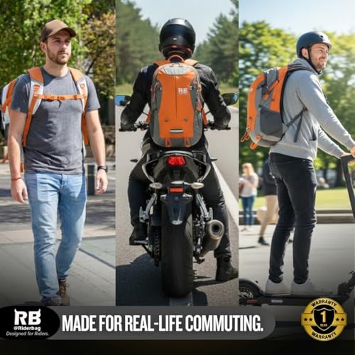 riderbag Reflective Motorcycle Backpack, Hi Viz Commuter Riding Bag | Designed by Riders for Everyday Rides with Laptop Compartment and Helmet Net. Built to Help You Be Seen. - color: Orange