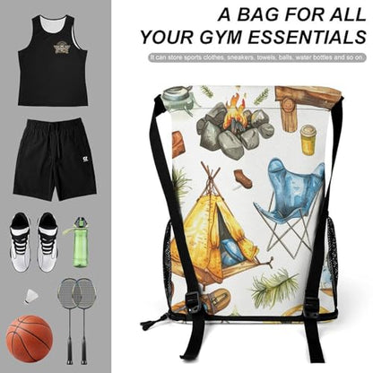 Drawstring Gym Backpack with Shoe Compartment And Wet Pocket, 28L Lightweight Waterproof Camping Equipment Pattern Sports Backpack for Workout Swim Beach Travel String Bag for Men Women