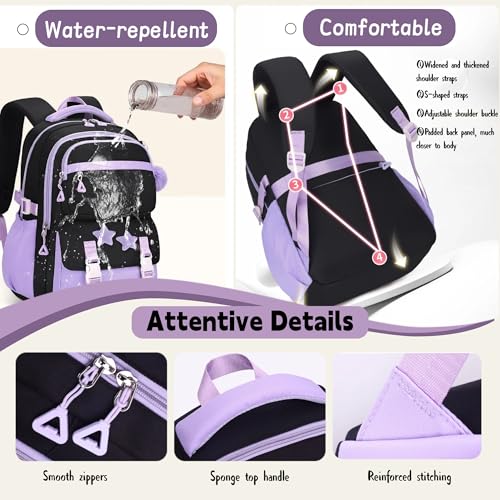 3Pcs Kids Backpack for Girls, Teen Girls Backpack Set with Tote Bag for Elementary Middle School Kids, with Star Pins and Furry Pendant, A08-3Pcs Purple - color: A08-3pcs Purple