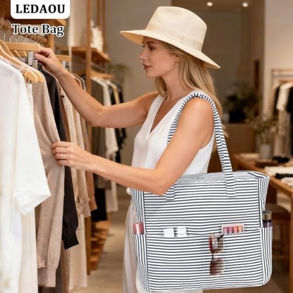 LEDAOU Beach Bag Waterproof Sandproof Women Beach Tote Pool Bag with Zipper for Swim Gym Grocery Travel with Wet Pocket | Sandproof - color: Light Black White Stripes