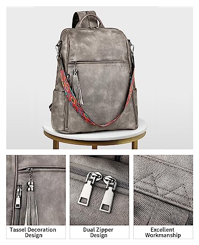 FADEON Leather Laptop Backpack for Women Designer 15.6 inch PU Laptop Bag, Ladies Travel Computer Work Backpack Grey - color: Charcoal Grey Retro Style