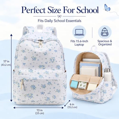 Bluboon School Backpack for Teen Girls Women Laptop Backpack College Bookbags Middle School Travel Work Commuter Back Pack - color: Blue Flora