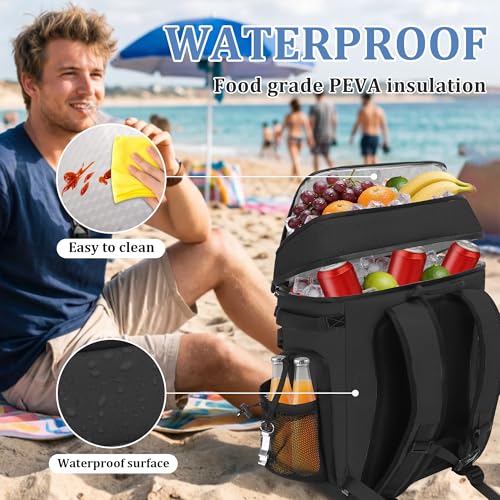 30L Cooler Backpack for Men Women, Leak Proof & Waterproof, Double Decker Insulated Backpack Cooler for Beach Camping Picnic (7.93 Gal, 48 Can) - color: Black
