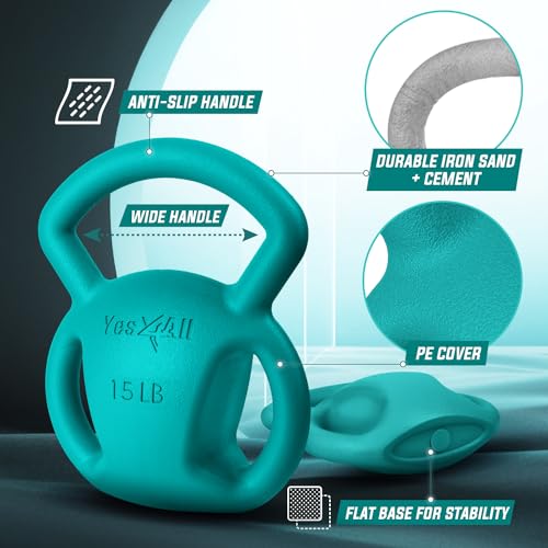 Yes4All Kettlebell, Strength Training Kettlebells for Women, Wide Multi-grip Textured Handle for Home Gym Exercises & Full Body Workout, Single 5–25 lb & Set of 10-15 lb - color: C. 15LB - Green, style: A. Single