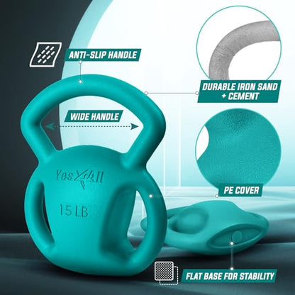 Yes4All Kettlebell, Strength Training Kettlebells for Women, Wide Multi-grip Textured Handle for Home Gym Exercises & Full Body Workout, Single 5–25 lb & Set of 10-15 lb - color: C. 15LB - Green, style: A. Single