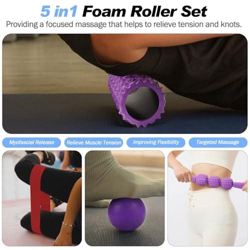 JOYENERGY 5 in 1 Foam Roller Set Trigger Point Foam Roller, Massage Roller Stick, Massage Ball, Stretching Strap for Deep Muscle Massage Pilates Yoga, Fitness Exercise for Whole Body (Purple Diamond) - color: Purple Diamond