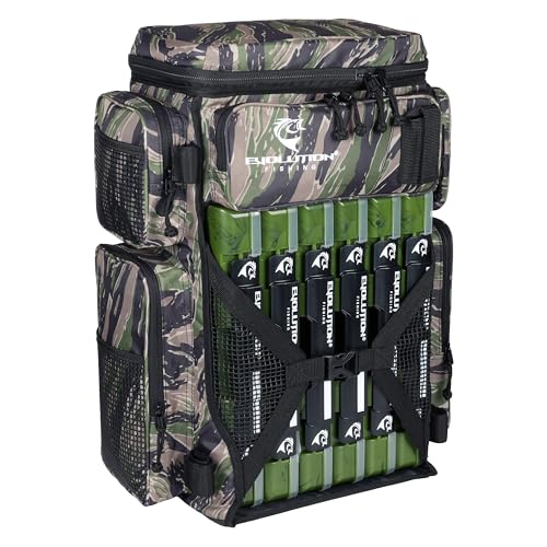 Evolution Fishing Drift Series Tackle Backpack, Outdoor Rucksack w/ 6 Fishing Tackle Trays, Heavy Duty - color: Tiger Stripe, size: 3700