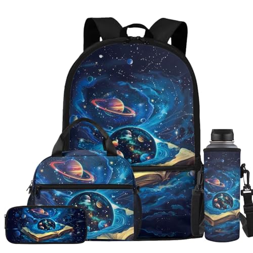 Book Galaxy Backpack for Boys Kids Backpack with Lunch Box Water Bottle Carrier and Pencil Case 4PCS Set Elementary School Backpacks for Boys Bookbag with Handle 17 Inch Schoolbag - color: Book Galaxy