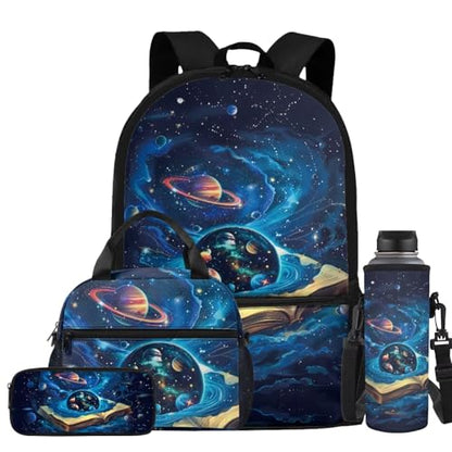 Book Galaxy Backpack for Boys Kids Backpack with Lunch Box Water Bottle Carrier and Pencil Case 4PCS Set Elementary School Backpacks for Boys Bookbag with Handle 17 Inch Schoolbag - color: Book Galaxy