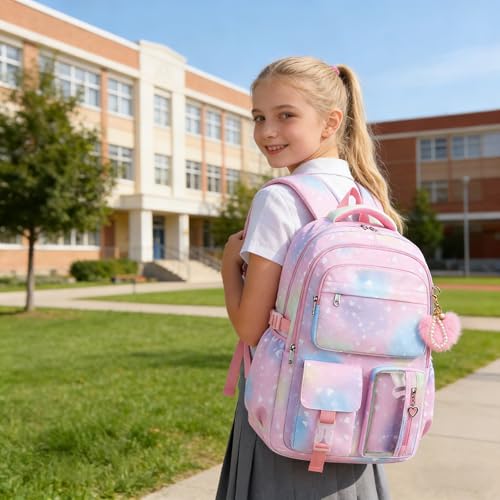 Girls Backpack Set with Lunch Box & Pencil Case, Floral Print Girls School Backpack for Elementary/Middle/High School (Rainbow) - color: Rainbow