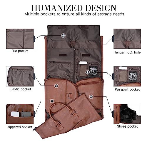 seyfocnia Convertible Travel Garment Bag,Carry on Garment Duffel Bag for Men Women - 2 in 1 Hanging Suitcase Suit Business Travel Bag - color: Brown-2zipper pocket