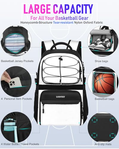 LOINTET Basketball Bag Backpack with Ball Holder Shoes Compartment, Large Basketball Accessories Sports Bag - color: White