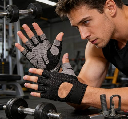 Mealah Men & Women Breathable Workout-Glove - UV Protection Fingerless Gym Gloves for Fitness Rowing Cycling - color: Black with PU