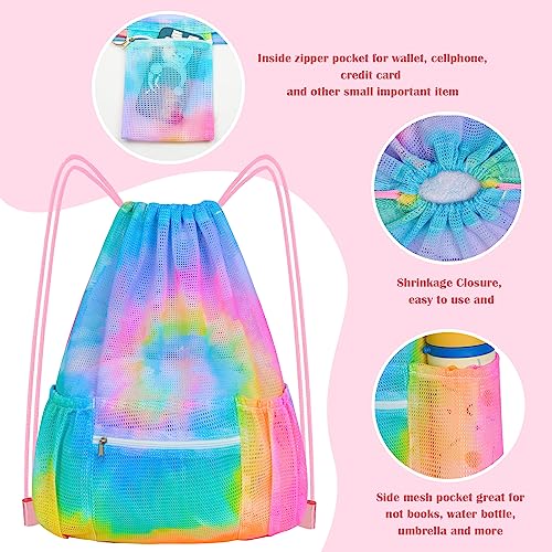 Mesh Drawstring Backpack, Large Sports Gym Bag for Women Kids with Pocket and Zipper Sackpack for Beach Yoga Football Soccer (Tie Dye Yellow) - color: Tie Dye Yellow