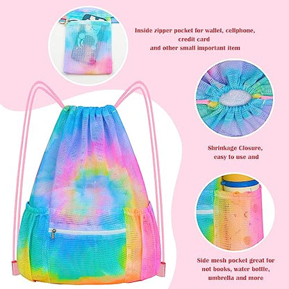 Mesh Drawstring Backpack, Large Sports Gym Bag for Women Kids with Pocket and Zipper Sackpack for Beach Yoga Football Soccer (Tie Dye Yellow) - color: Tie Dye Yellow