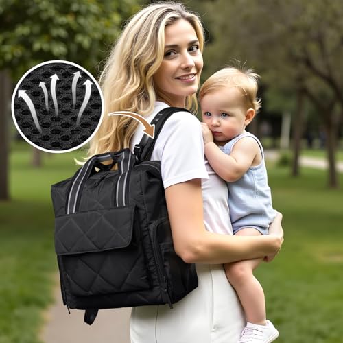 Omanmoli Diaper Bag Backpack Quilted Baby Diaper Bag Lunch Backpack Pañaleras Para Bebe for Working Moms with 11 Pouches,Large Insulated Cooler Compartment,Stroller Straps,Changing Pad,Black - color: Black