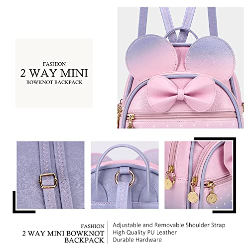 KL928 Girls Mini Backpack Bowknot Polka Dot Cute Small Daypacks Convertible Shoulder Bag Purse for Women - color: Pink#light Purple