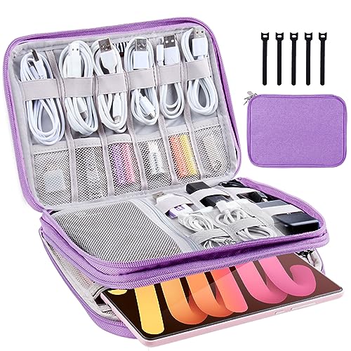 Electronics Organizer - Travel Cable Organizer Bag, Water Resistant Double Layers Pouch for Cord, iPhone, iPad Mini - Gift for Men Electronic Accessories Storage Case with 5 Cable Ties, Purple - color: Purple