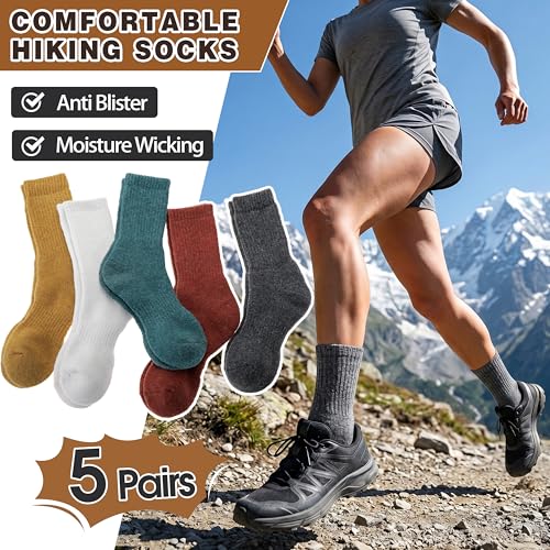 MOGGEI 5 Pairs Womens Merino Wool Socks Hiking Warm Winter Thick Thermal Crew Cozy Cabin Ladies Gift Comfy Boot Work Socks - color: White/Yellow/Green/Dark Grey/Caramel