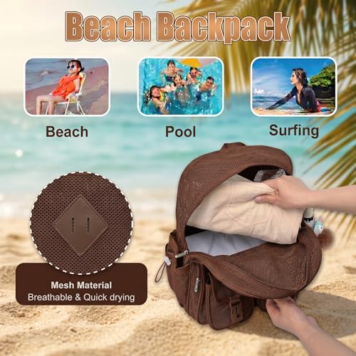 Mesh Backpack for Girls Boys, Heavy Duty Semi-Transparent Mesh Bookbag Womens Mens Mesh Backpacks for School, Sports, Beach, Swimming, Travel - Coffice - color: Coffice