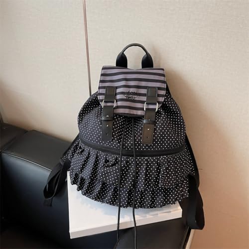 Cute Polka Dot Lace Backpack for Women Flap-top Casual Backpack Cute Nylon Bookbag - color: Black-