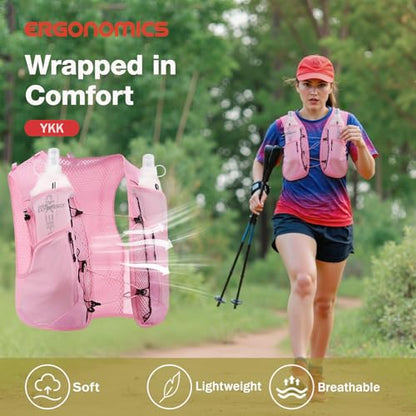 Running Vest Lightweight Packable Trail Hydration with 2 17oz Soft Flask Jogging Marathon Hiking Women Men - color: Pink 5L, size: Small