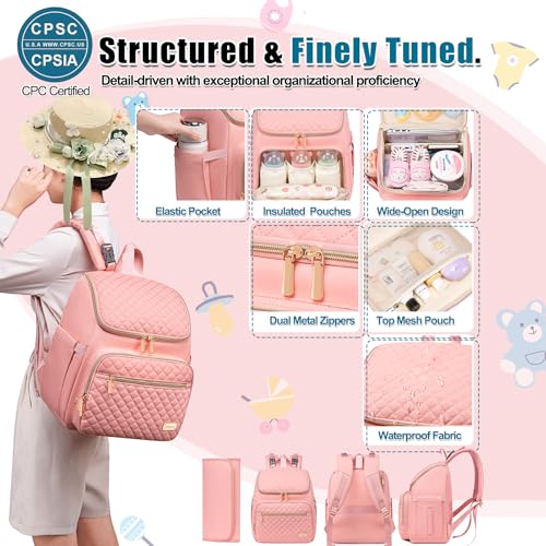 Weitars Diaper Bag Backpack Large Baby Diaper Bag with Changing Pad Travel Diaper Backpack,Baby Bag for Boys Girls,Stroller Straps,5 Insulated Pockets (Pink) - color: Pink