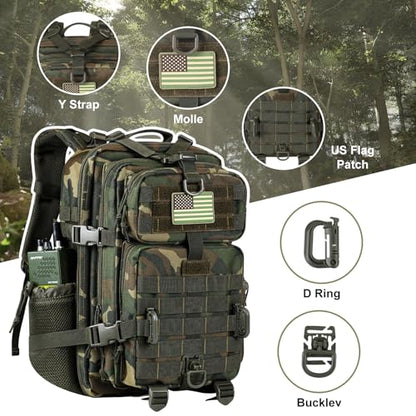 Hannibal Tactical 30L MOLLE Assault Pack, Tactical Backpack Military Army Camping Rucksack with Bottle Holder, 3-Day Pack, US Woodland - color: Us Woodland, size: 30L