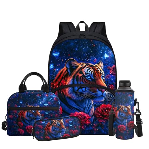 Aesthetic Tiger Backpack for Kids Girls Backpack with Lunch Box Water Bottle Holder and Zipper Pencil Case 4Pcs Set 17" Sturdy Bookbag with Large Front Pocket Lightweight Elementary School Bag - color: Aesthetic Tiger-2