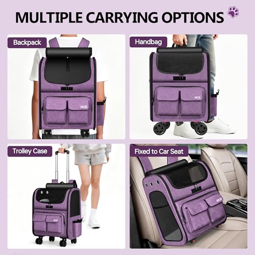MGB Rolling Cat Carrier with Wheels: Dog Carrier for Small Dogs & Large Cats, Large Cat Carrier with YKK Zipper, Large Capacity, Breathable Mesh, Side Pocket, Purple (Not for Airline) - color: Purple