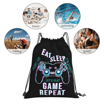 Eat Sleep Game Repeat Unisex Drawstring Backpack Bag Sport Gym Travel Swim Sackpack - color: Eat Sleep Game Repeat