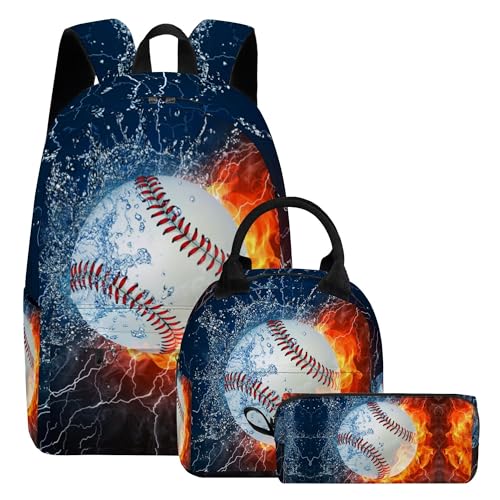 3PCS Backpack for Boys Girls, Kids Baseball Back to School Backpack Sets with Lunch Bag Pencil Case, 17 Inch Lightweight Bookpack 3 in 1 Set for Teens Elementary Middle High School Students - color: Water Fire Baseball
