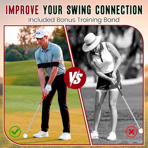 5-in-1 Golf Swing Trainer for Right-Handed Golfers with Click Feedback, Retractable Training Aid, Grip Trainer & Arm Band, Improve Tempo & Swing Path, Indoor Outdoor Practice - color: Red