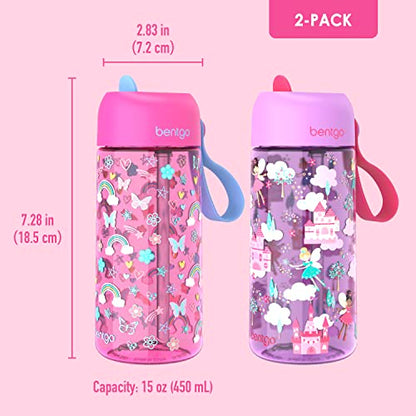 Bentgo Kids Water Bottle 2-Pack - Leak-Proof Durable Tritan BPA-Free 15 oz Cup for Kids/Toddlers Ages 3+; Bite & Sip Spout + Dishwasher Safe for School/Sports/Daycare (Rainbows & Butterflies/Fairies) - color: Rainbows and Butterflies & Fairies