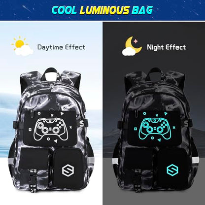 Scothen Boys Backpack, Cool Luminous School Backpack with Lunch Bag Pencil Case, Kids Backpack Kindergarten Elementary Middle School Book Bags for Teen Boys Children with USB Charging Port - color: Black Lightning