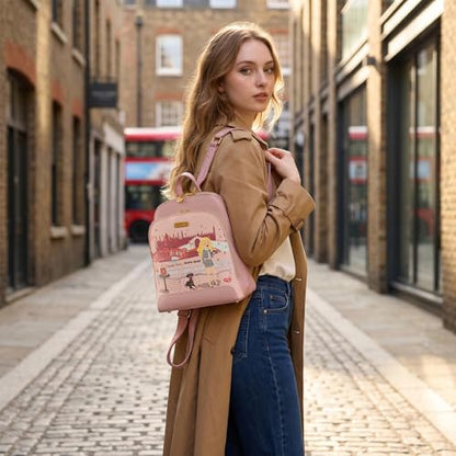 Venetti Cityscape Illustration Mini Backpack for Women and Girls, Cute Small Backpack Purse with Multi-Pocket and Zipper, Light Print Shoulder Bag Leather for Travel Daily Use VN-HB-001-PK - color: Pink